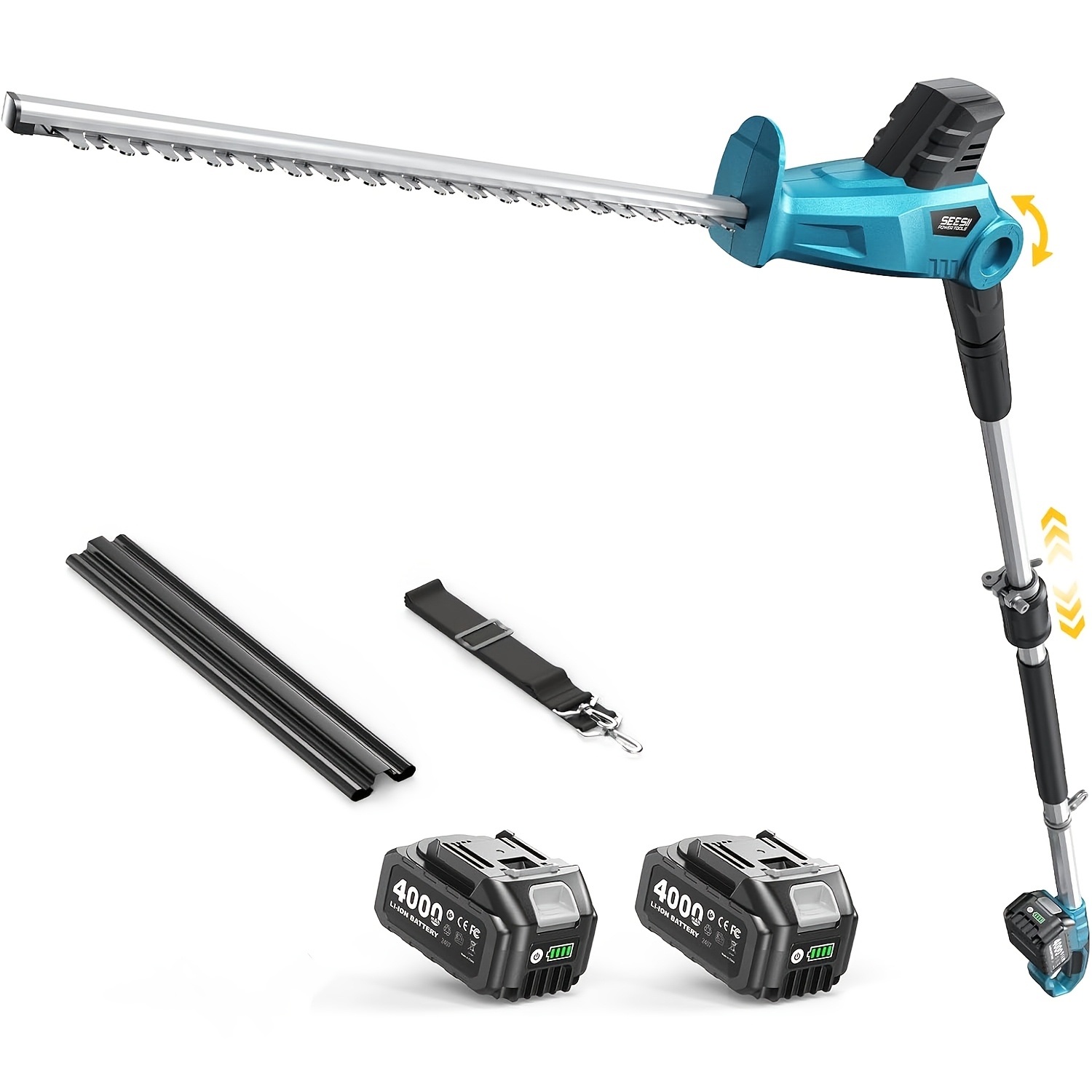 TEMU SEESII Tagliasiepi a Palo Senza Filo: Tagliarbusti Elettrico con Lame a da 20 Pollici, 2 Batterie da 4000mAh, Palo Telescopico da 8 Piedi, Testa