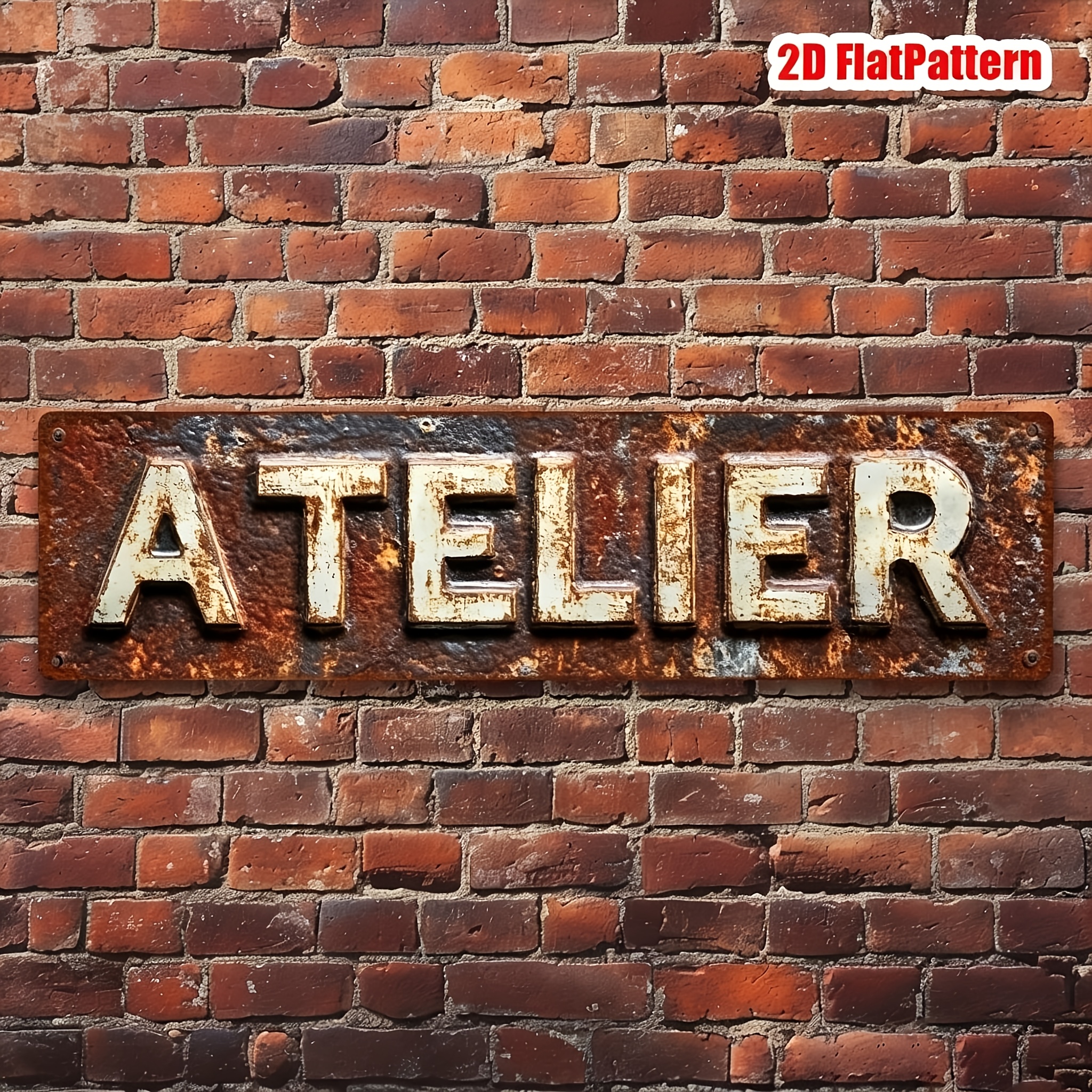 TEMU Panneau Métal Rétro ATELIER Plat 2D, 1pc - 10.01 X 39.98 Cm, Art Mural en Fer Imprimé UV, Idéal , Café ou Décoration Extérieure, Design 2D