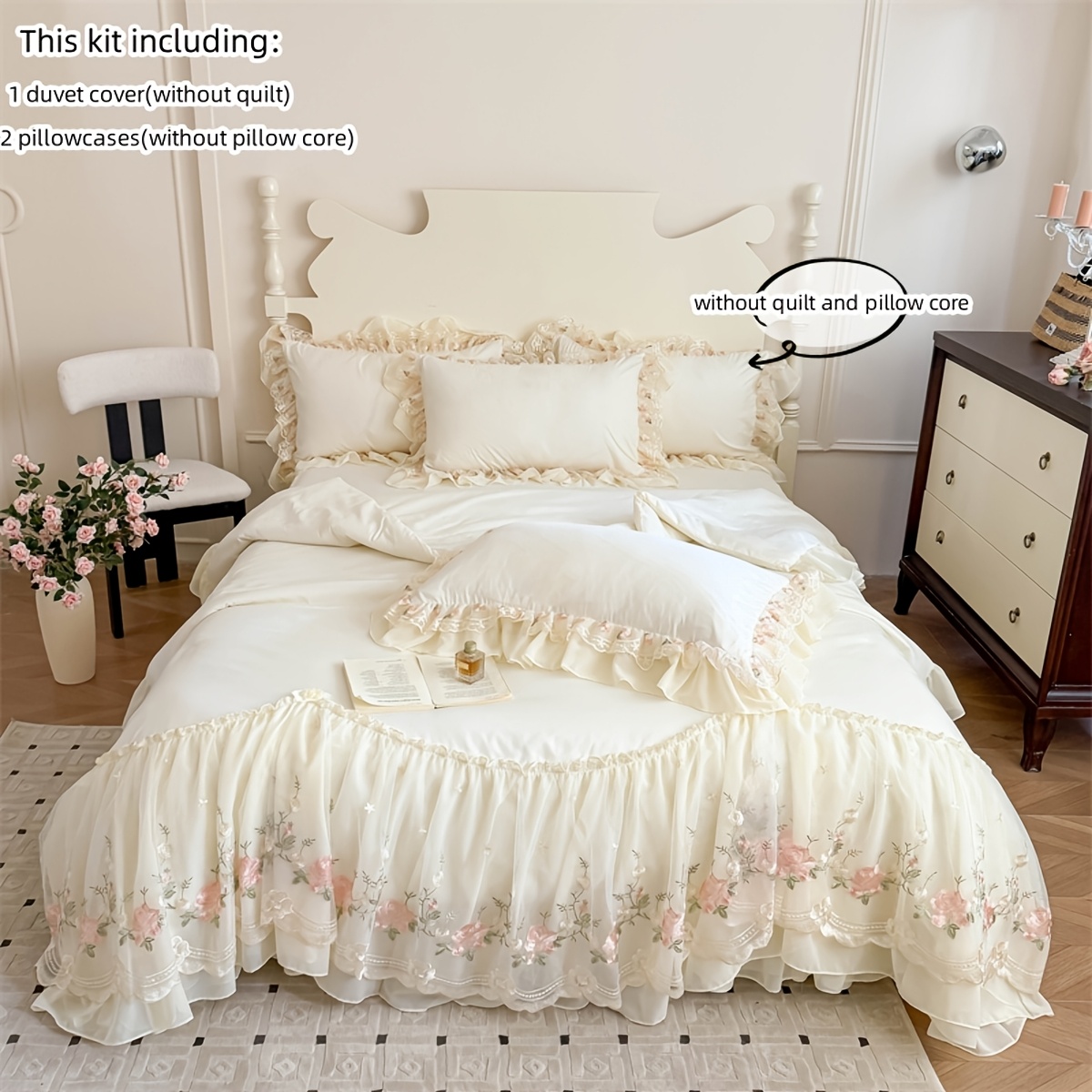 TEMU Embroidered Lace Trim Princess-style 3pcs Bedding Includes A Duvet Cover And Pillowcases, Without Any Inserts