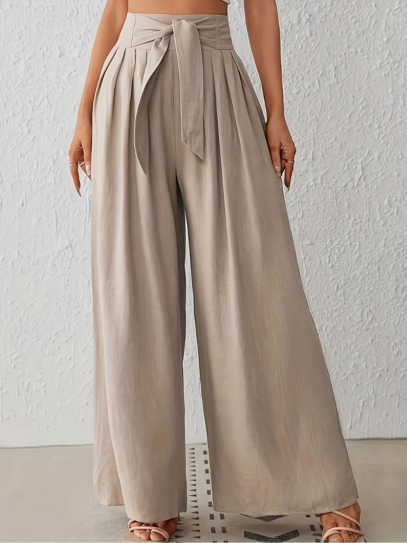 Solid Belted Wide Leg Pants, Elegant High Waist Plicated Detail Loose  Pants, Women's Clothing