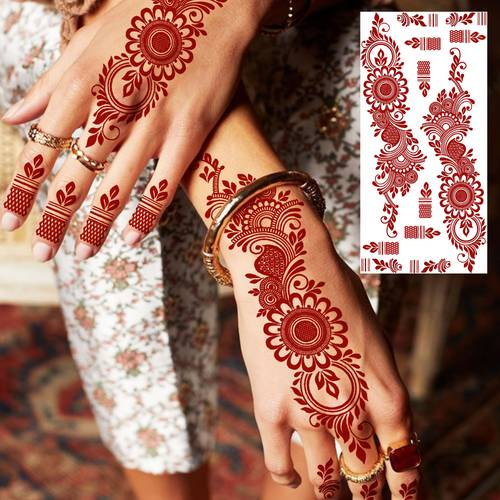 a temporary tattoo for women featuring a maroon design with vines leaves and flowers ramadan celebrations including finger and toe pendant art for eid additions