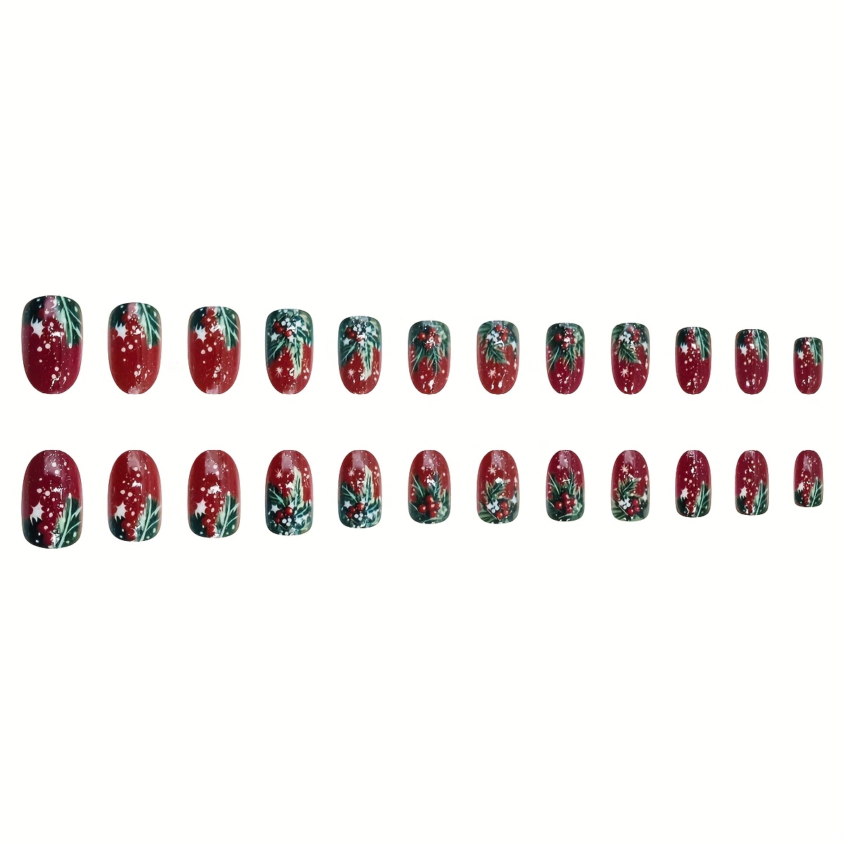 TEMU Upgrade Your Look, 24pcs Oval Full-coverage Glossy Fake Nails, Red Base With Snowflake Red Berries Green Holly Leaf , Christmas Red And