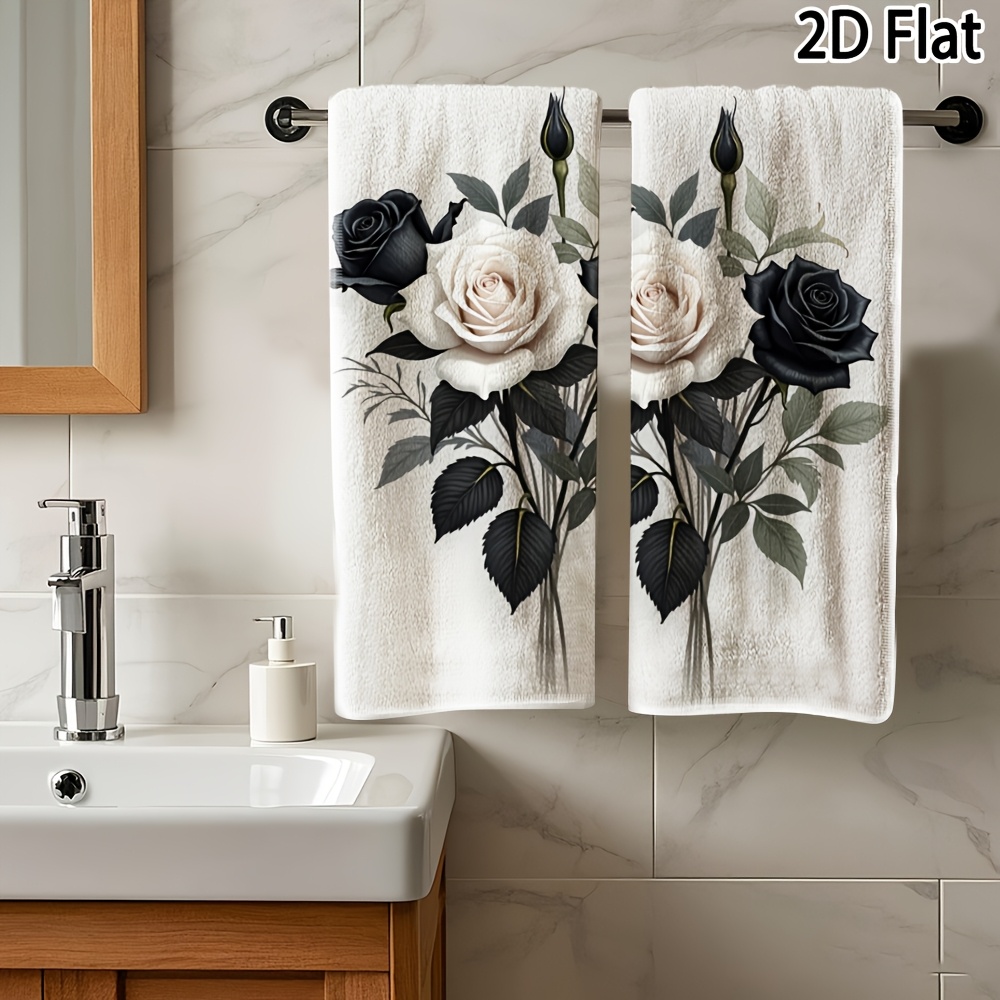 TEMU 2d Flat - 2d Flat - 2pcs, 2d Flat Printing Not 3d, Face Towels, Black And White Rose Cartoon Theme Towels, Bathroom Towels, Kitchen Dishcloths,