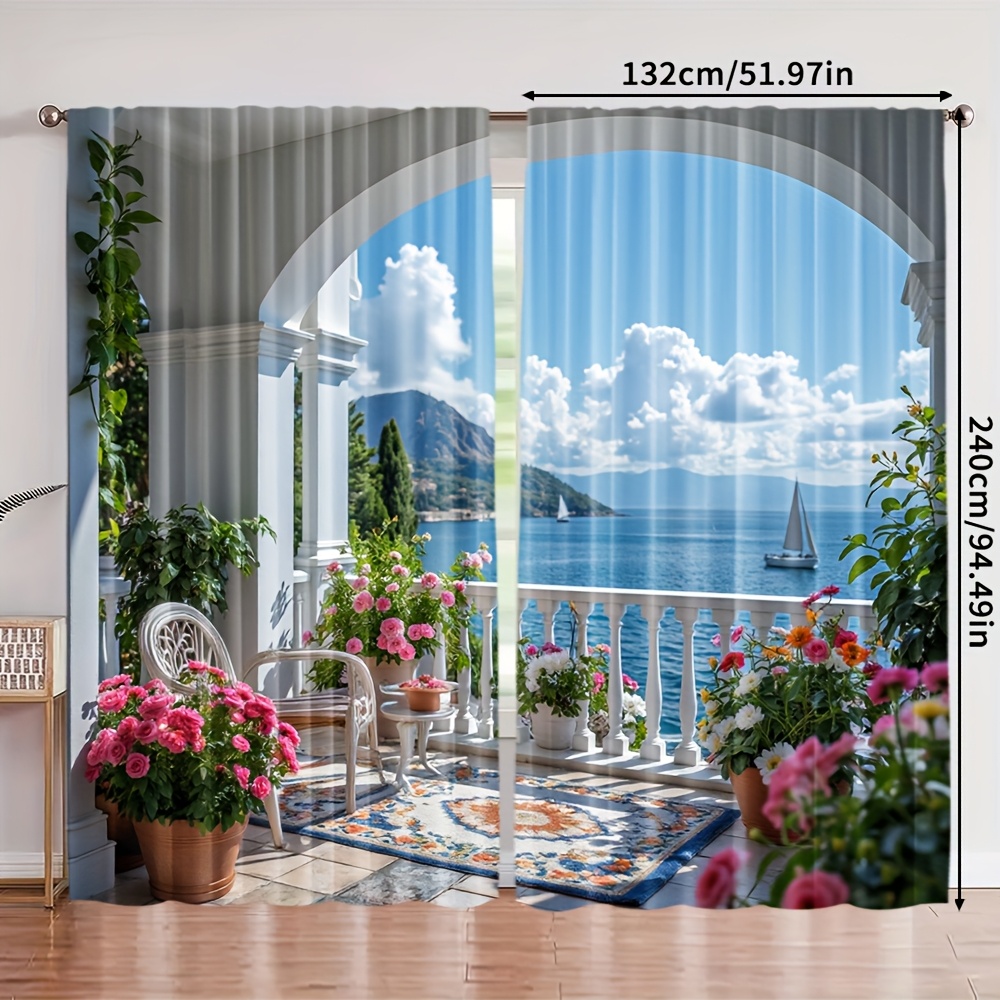 TEMU 2d Flat, 2pcs Coastal Window Curtains - Blackout Window Drapes With Design, Durable Polyester Window Treatments For Living Room, Kitchen,