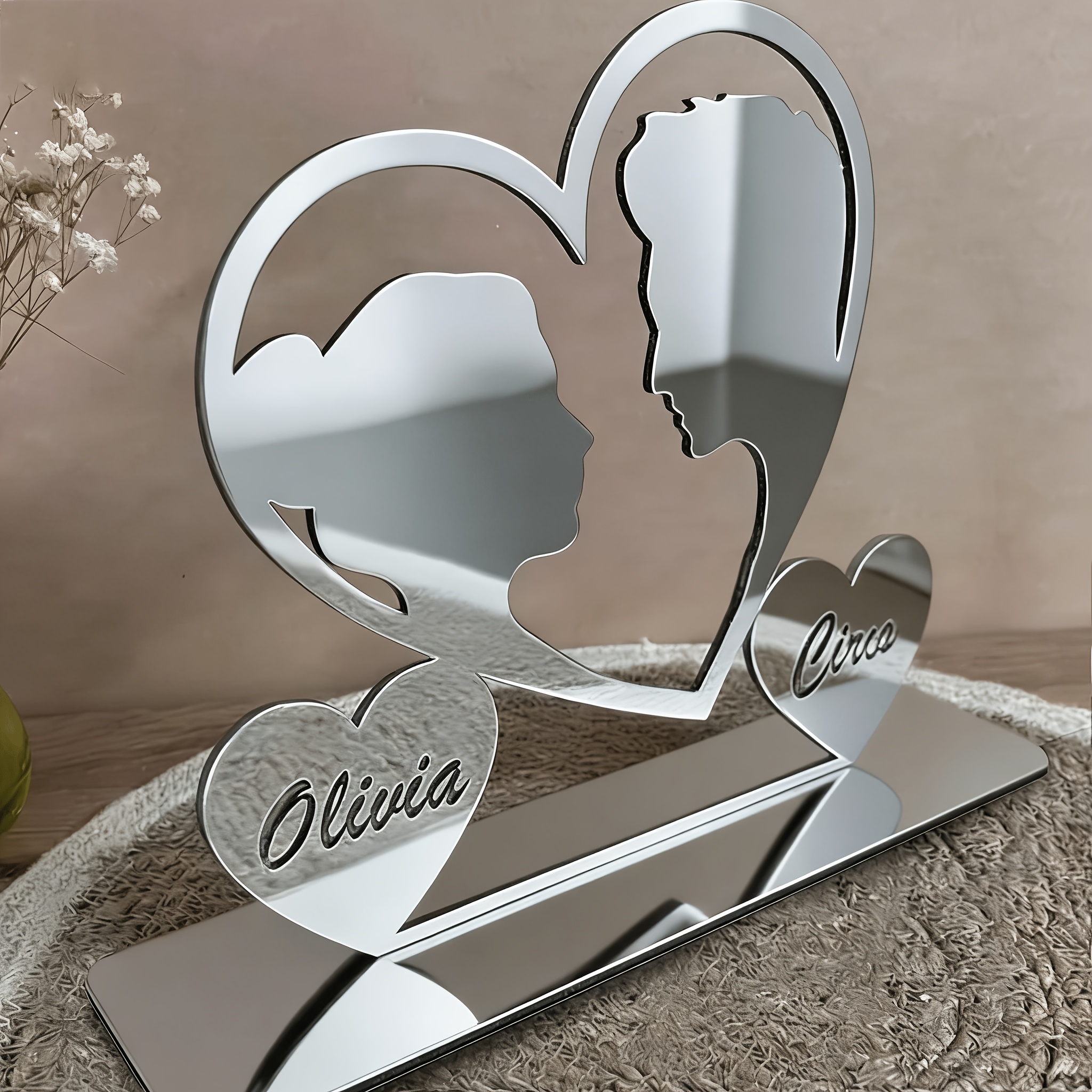 TEMU 2d Flat, Personalized Wedding Party Decorations - Custom Bride And Groom Logo, Laser-engraved Text, Elegant Tabletop Ornament With Heart-shaped