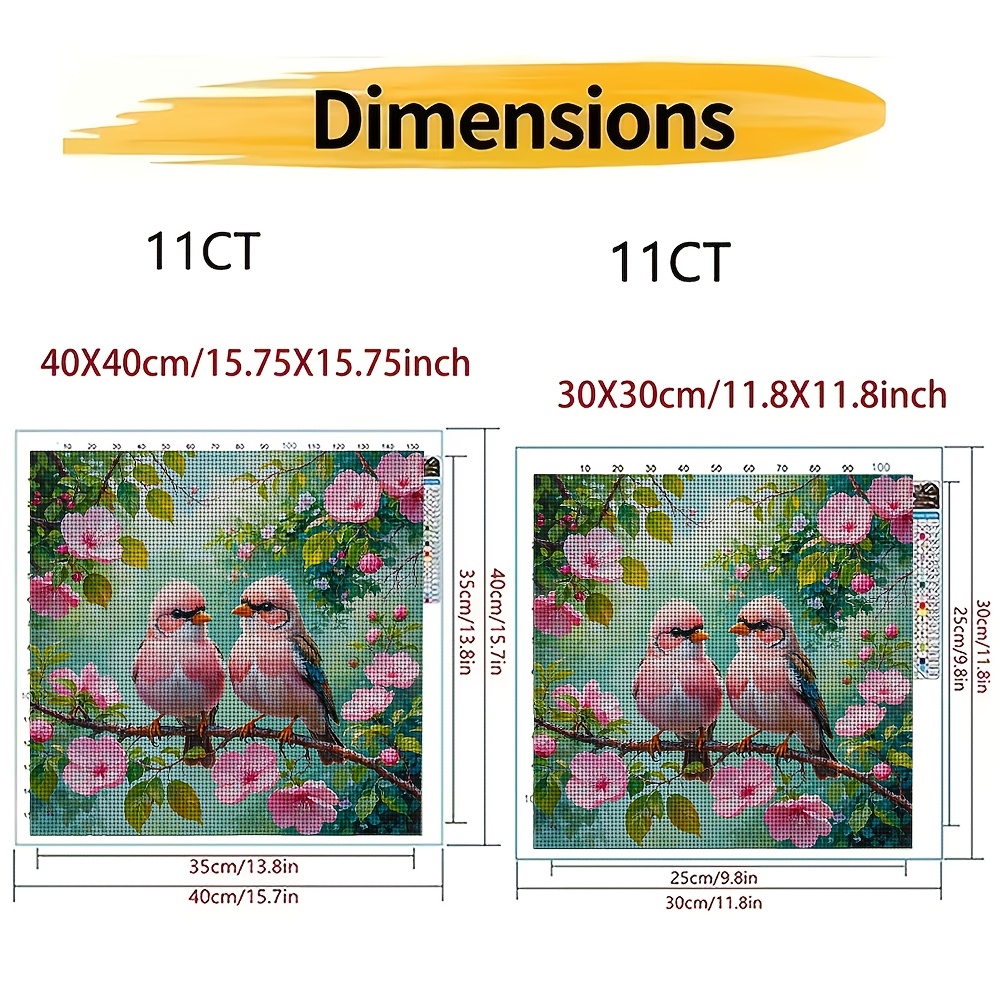 New Cross Stitch Printed Kit, Frameless 'Two Birds Perching on Pink Flowers' Pattern