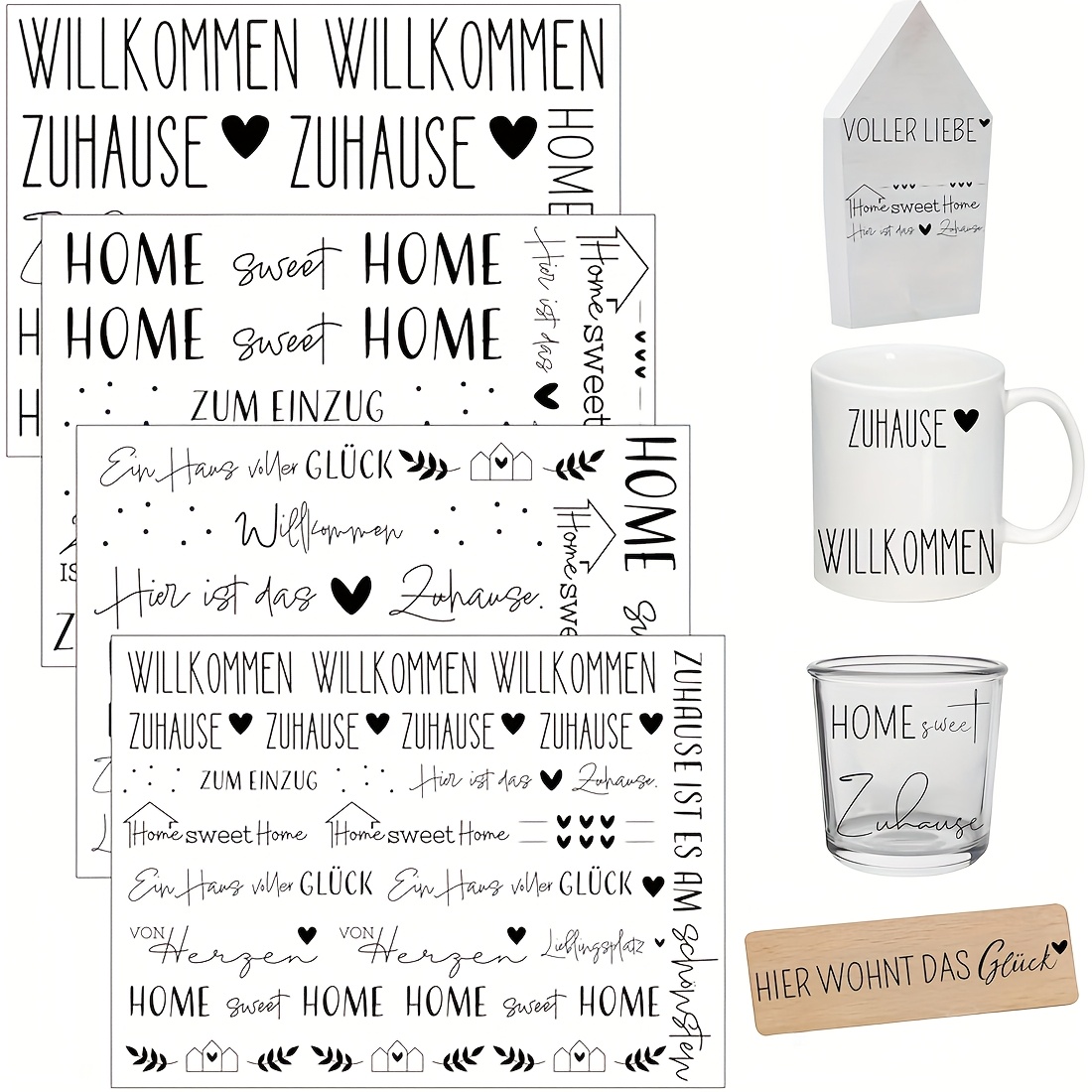 Image of 4 Sheets Of German "home" Themed Transfer Paper, Suitable For Diy Furniture, Glass And Wooden Crafts