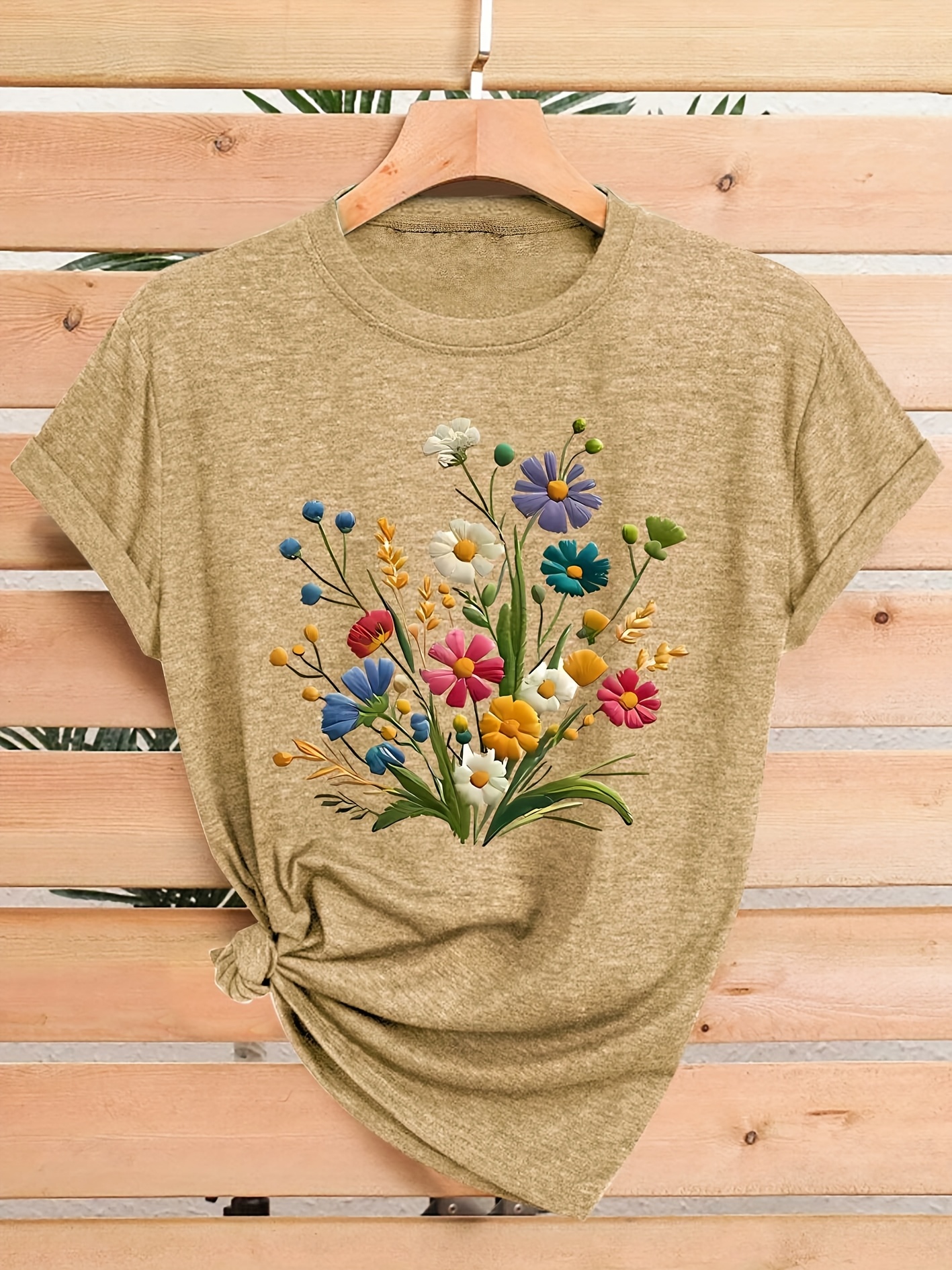 womens floral print t shirt casual crew neck short sleeve top medium stretch fabric vintage style with colorful   sizes s xxl Product details 7