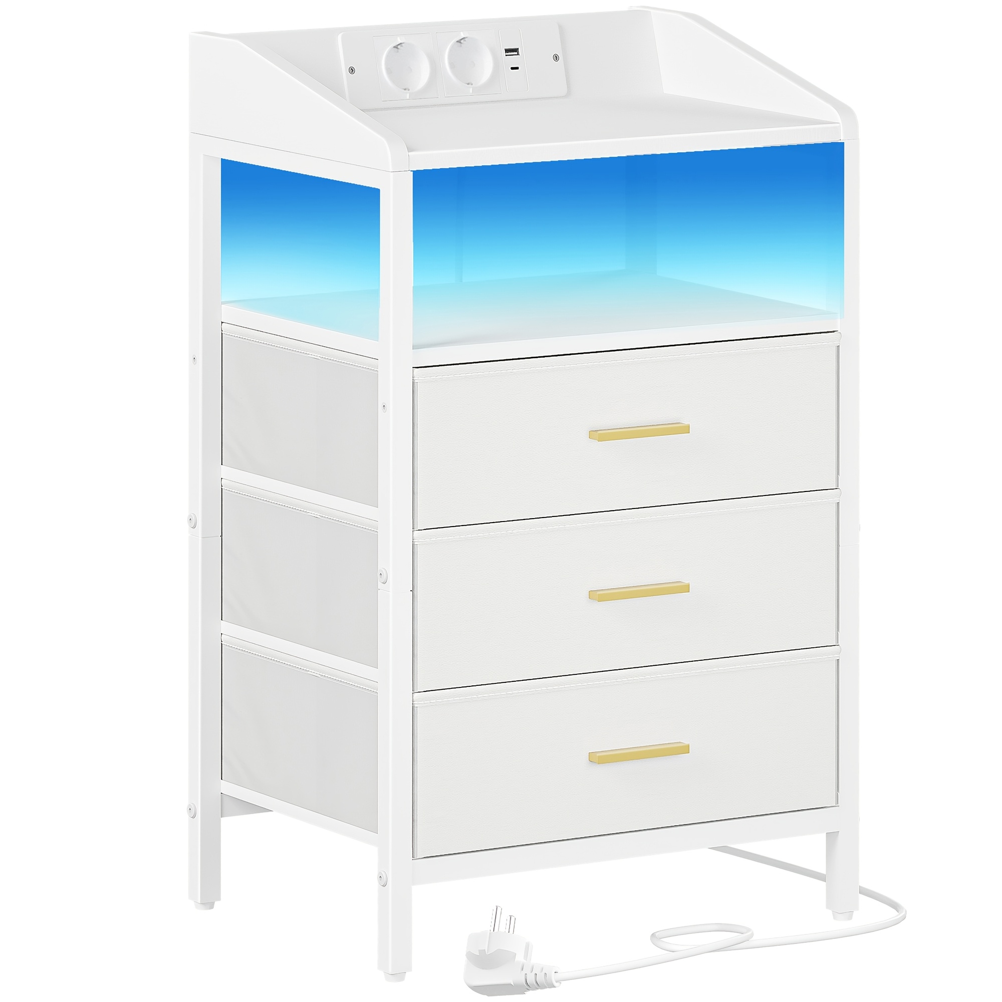 Image of Bedside Table, Side Table With 3 Fabric Drawers And Shelves, For Bedroom, Living Room, White