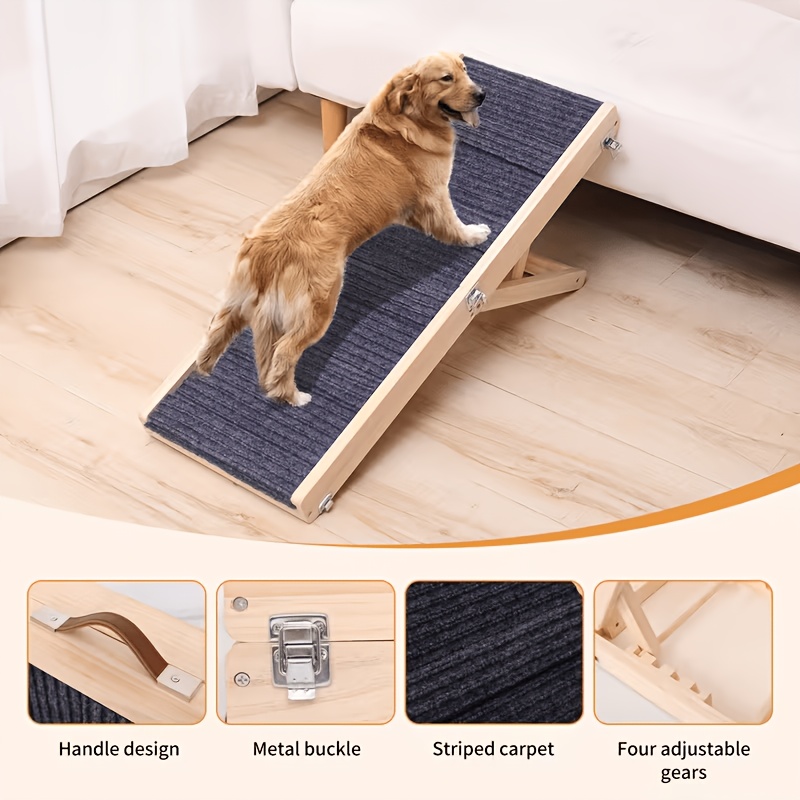 TEMU Foldable Adjustable Wooden Dog Stairs, Stable X-shaped Support Frame Pet Climbing Ladder With Full Wrap Non-slip Ribbed Carpet Treads, 4 Height