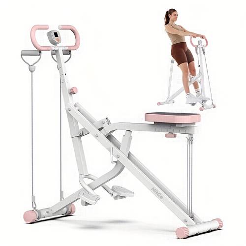 1 2 in 1 squat rowing machine foldable easy setup 400lbs capacity aluminum alloy pink with 3 bands for thighs core workout