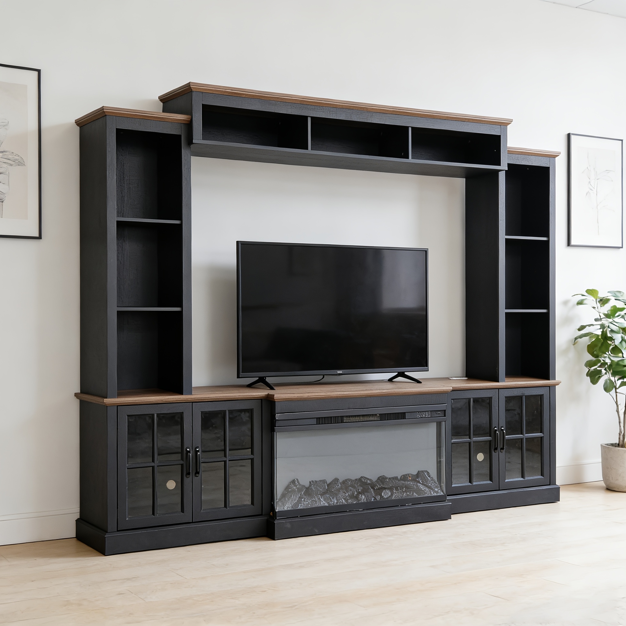 98" Farmhouse Entertainment Center with 36" Electric Fireplace | SIZZIM