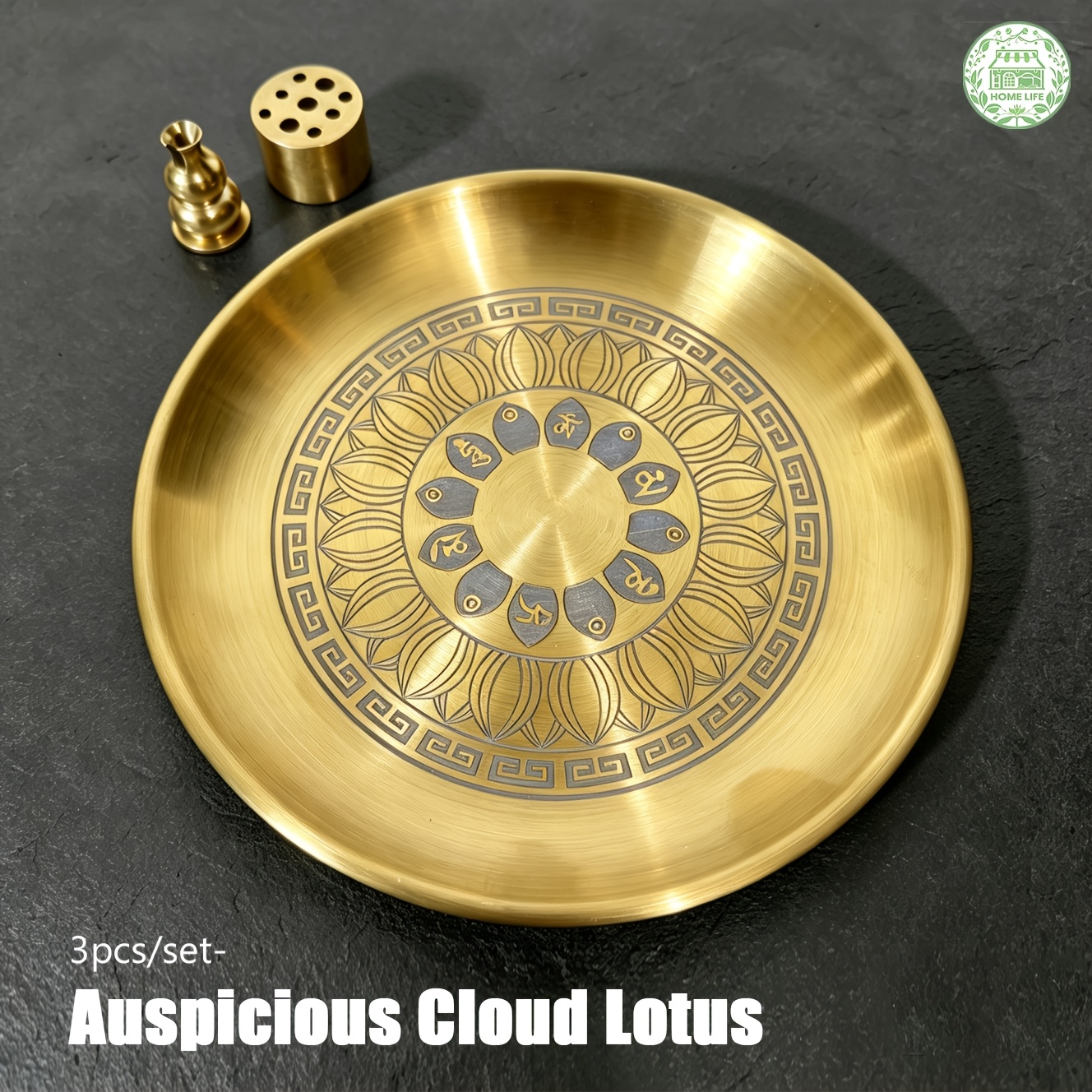 TEMU 3pcs Brass Incense Holder Tray Set For Lotus Engraved Golden Incense Holder For Incense Sticks Yoga Meditation Home Fragrance Decor