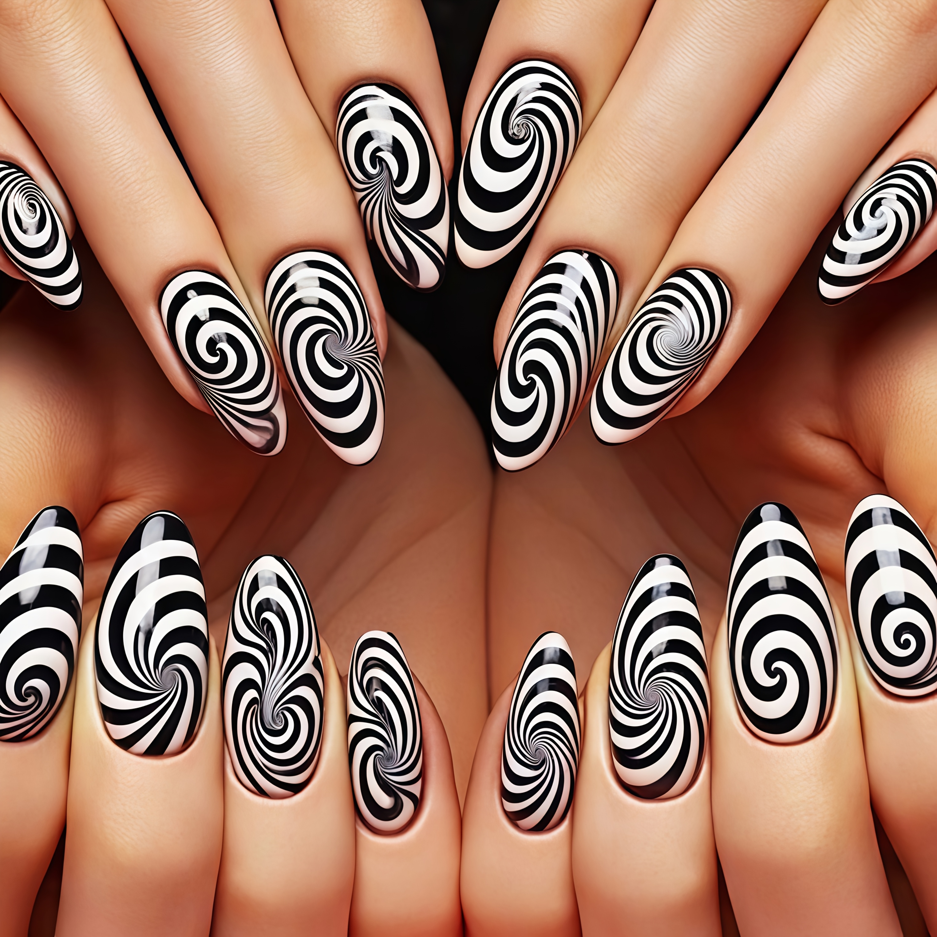 TEMU Lot de 24 faux ongles à pression pour mains et pieds - Enveloppes à paillettes hypnotiques noires et blanches, bout brillant amovible avec ,