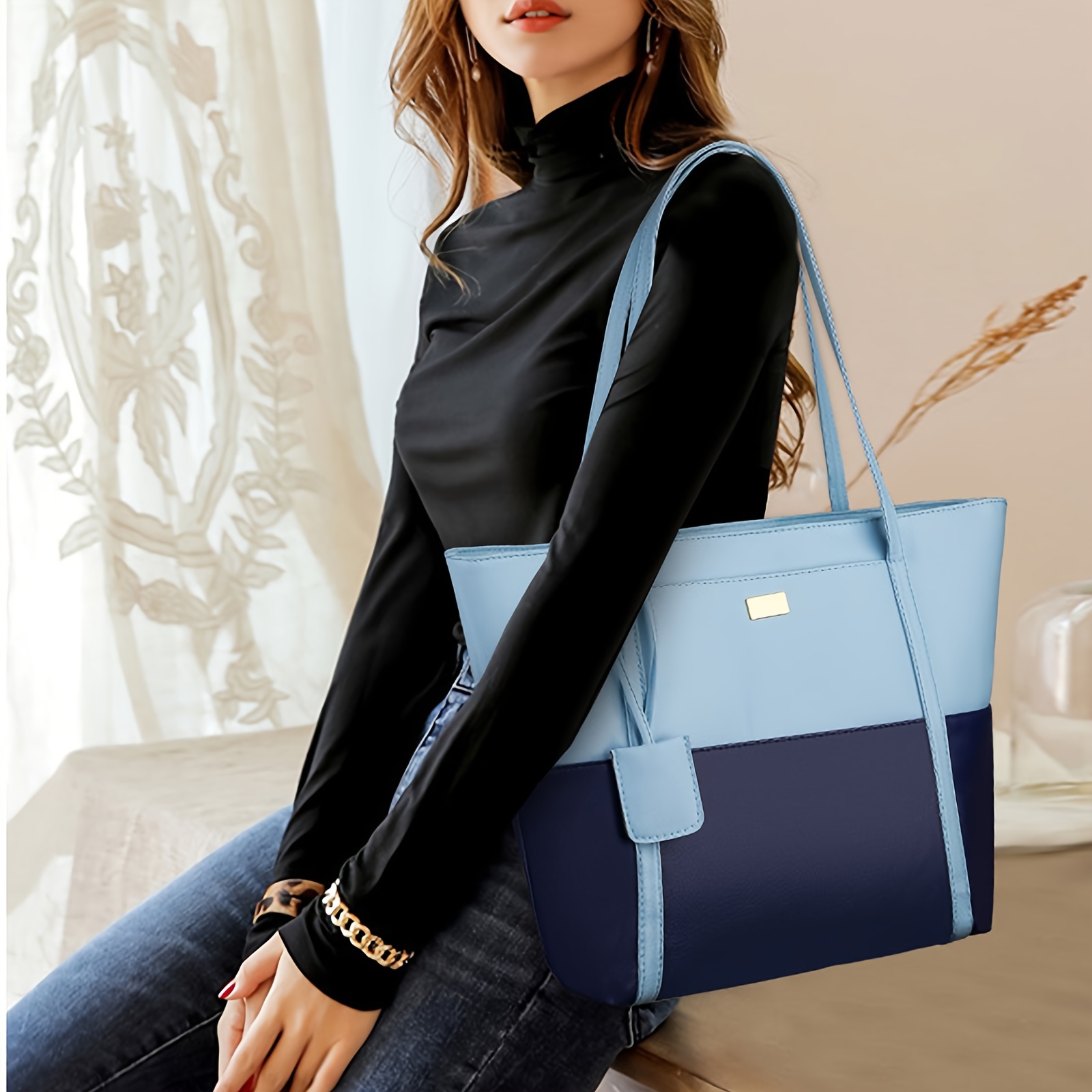 

Tote Bag For Women With Ornaments Large Capacity Zipper Shoulder Bag Handbag Soft Artificial Leather Tote Bag For Work Travel School