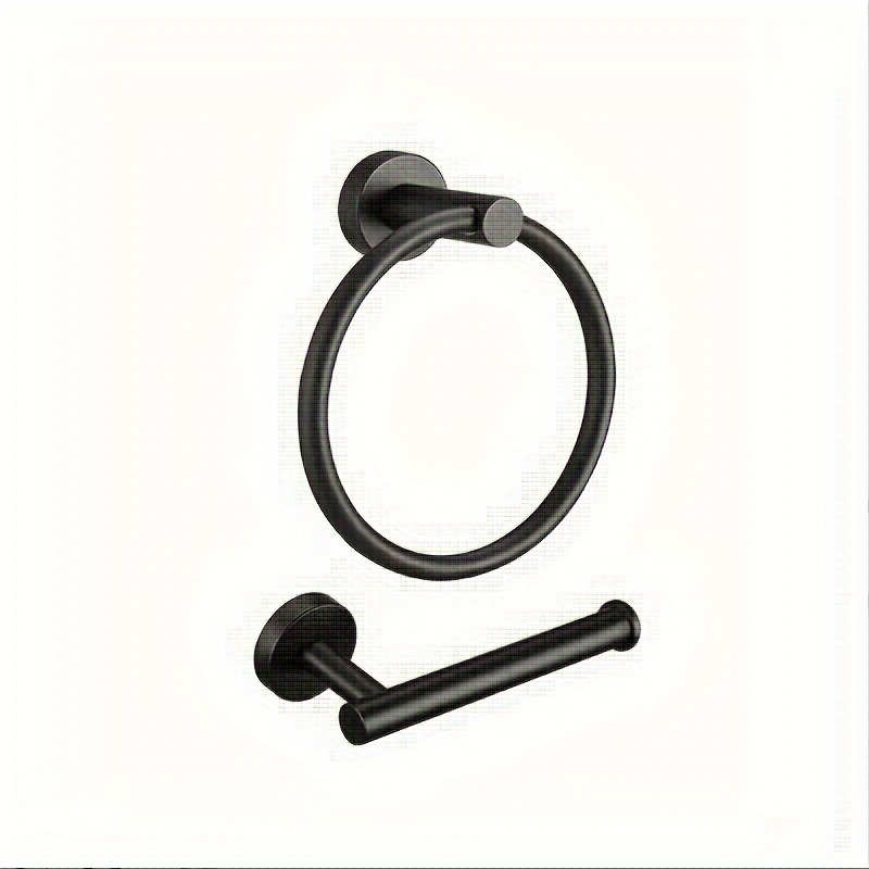 

1set Matte Black Stainless Steel Towel Ring & Toilet Paper Holder, Round Wall-mounted Bathroom Hardware With 180° Swivel Design, Space Saving & Durable