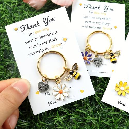 set of 4 bee themed keychains with a thank you card for teachers ideal for birthdays weddings teachers day and graduation gifts featuring a hug token and suitable for back to school