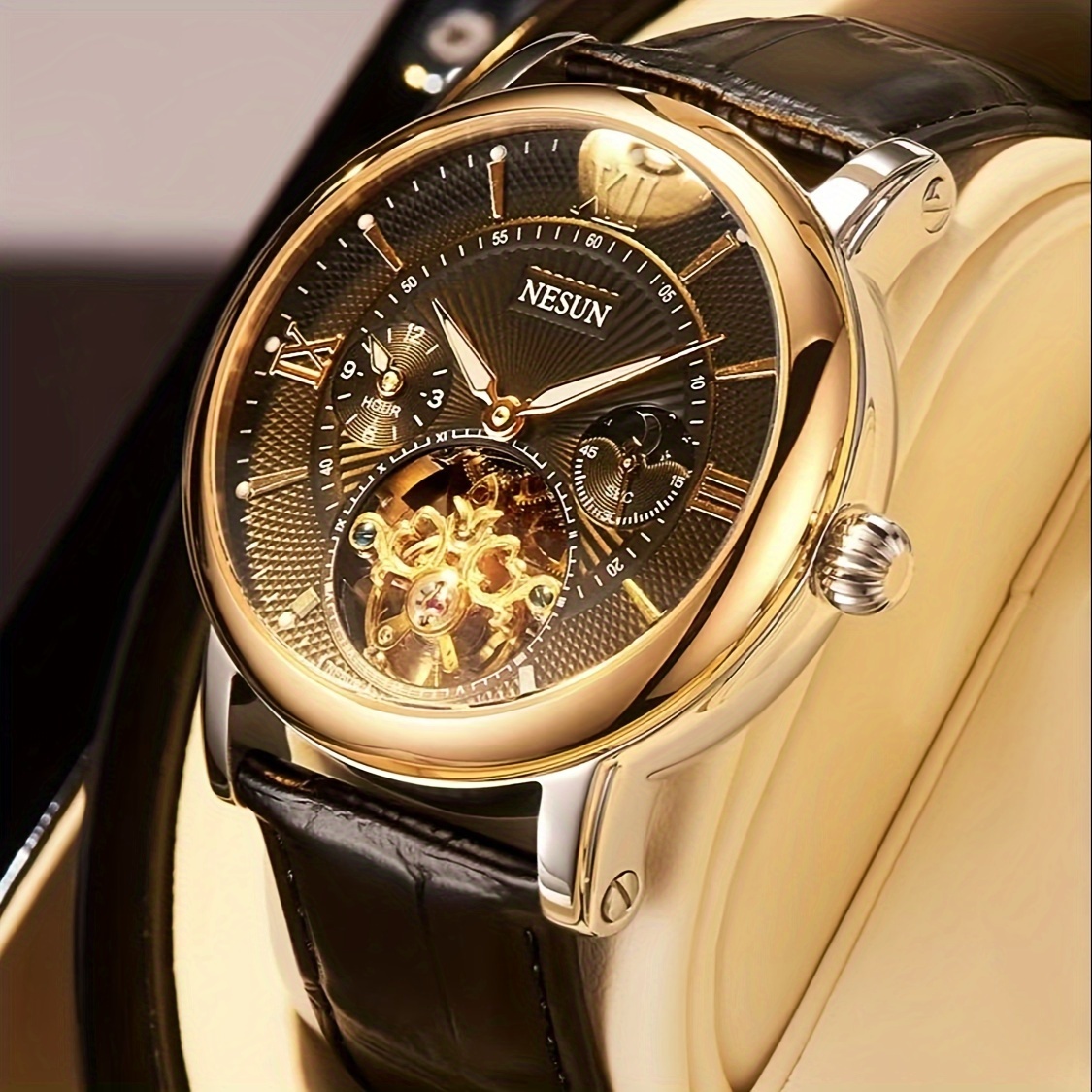 leather nesun tourbillon watch mens automatic mechanical watch business chronograph with skeleton