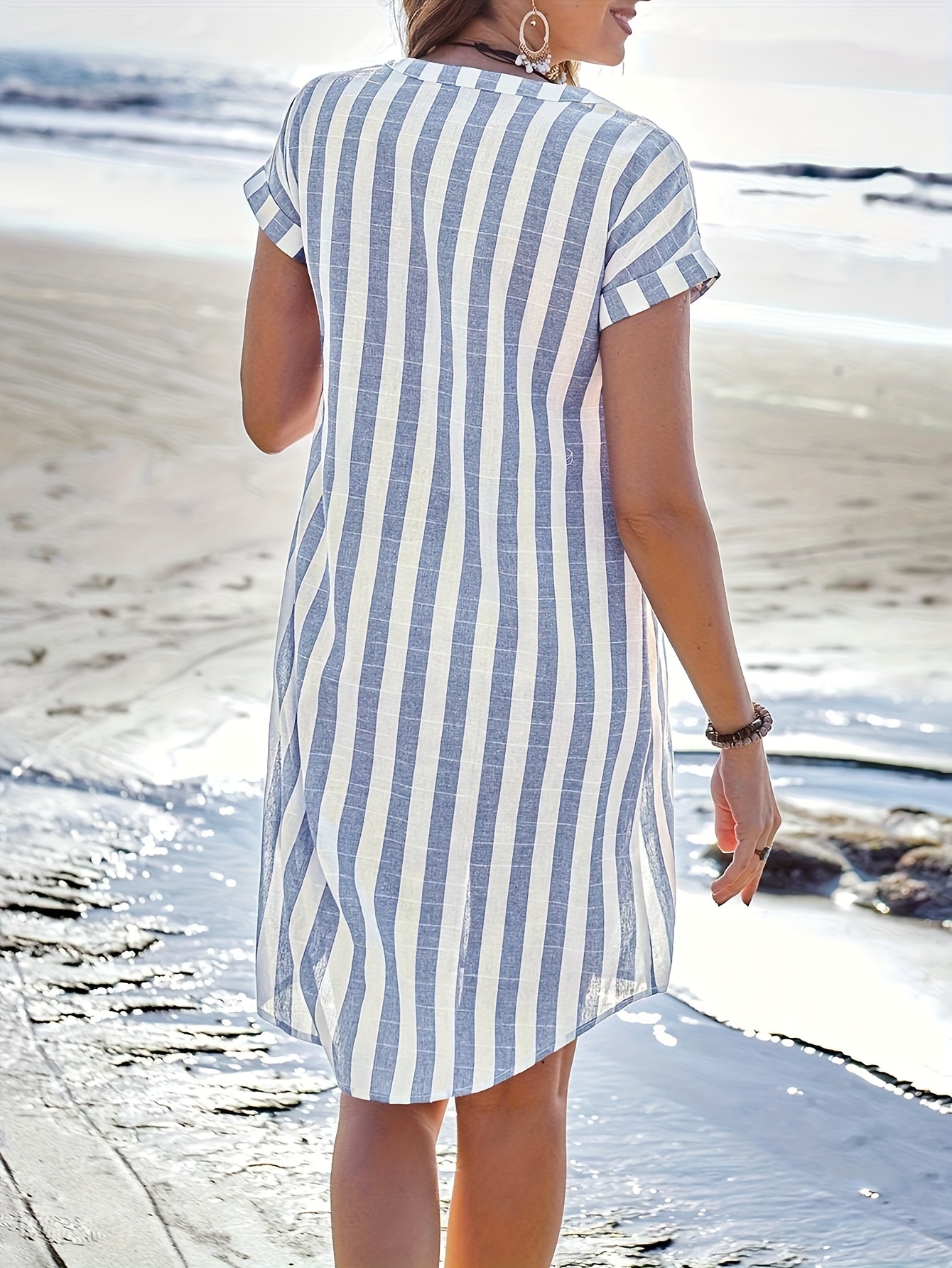 womens casual striped midi dress short sleeve button knee - Temu Georgia