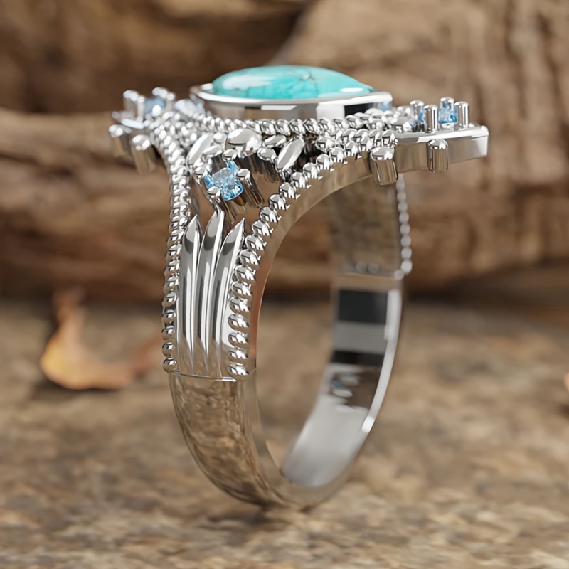 Retro Inlaid Synthetic Turquoise Ring for Women