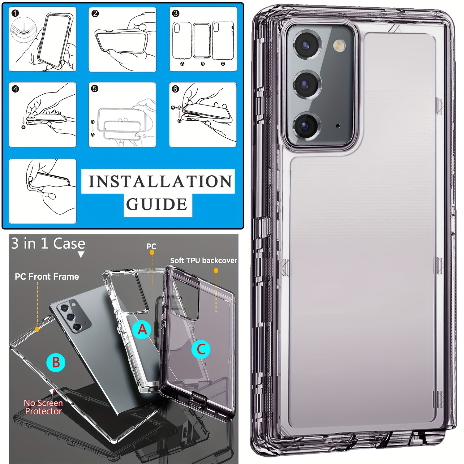 For Samsung Galaxy Note 20 5G/Note 20 Ultra 5G Phone Case Rugged  Hard/Soft Shockproof Protective Heavy Duty Cover Transparent Clear Gray