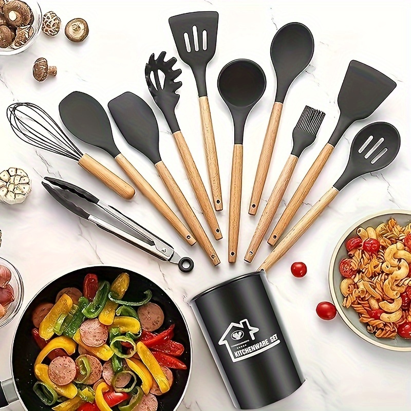 kitchen utensils set kitchen cooking utensils set spoon spatula 446f heat resistant 12pcs non stick food grade silicone and wooden handles kitchen tools set details 2