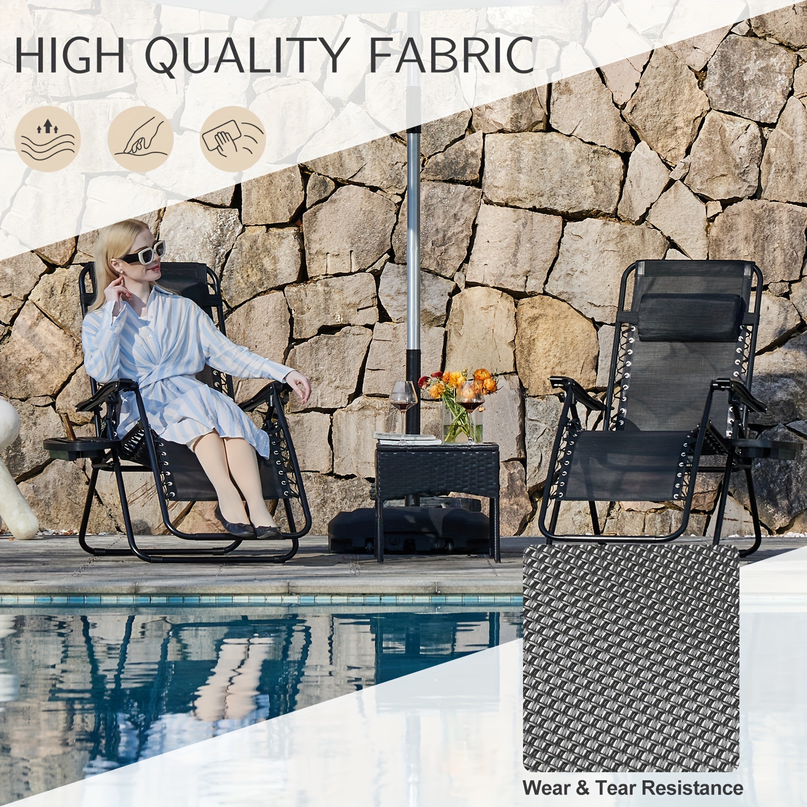 OLIXIS Zero   Set of 2, Patio Outdoor Folding Lounge Chair with Cup Holder Trays and Adjustable Pillow, Recliner Beach Camping Chairs for Poolside, Garden, Backyard, Lawn details 5