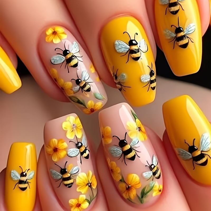 

Ensemble de 24 ongles de ballet à presser, longue et jaune avec un motif d'abeille et de fleurs en relief 3D, ongles à motif animal avec colle en gelée et lime à ongles