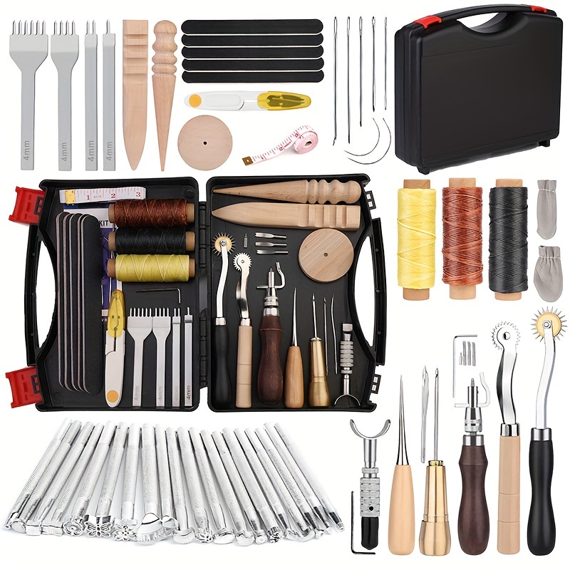 

50 Piece Leathercraft Tool Set - Stainless Steel Leather Working Tools & Supplies With Storage Box, Prong Punch, Edge Beveler, Stitching Punches, Carving Tools, Sewing Needles & Waxed Thread