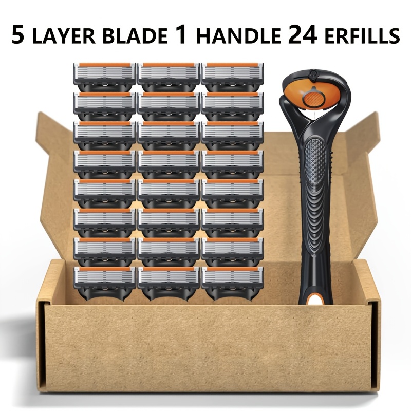 

1pc Classic Men's Manual , 5-layer Safety Shaver With 24 Refills, Black Handle, Skin For Beard And Mustache Grooming, Metal Construction