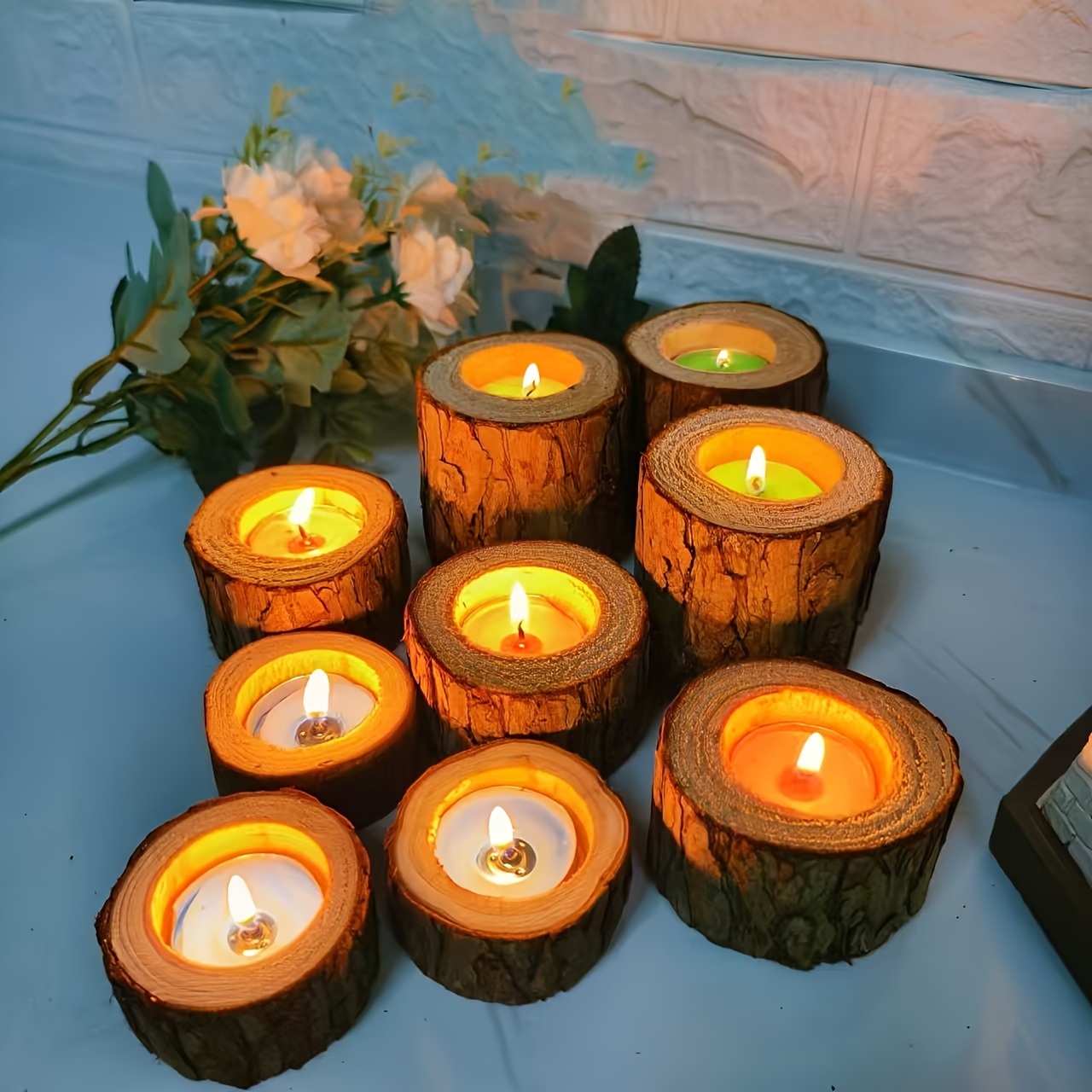 Image of 9pcs Rustic Wooden Candle Holder - Perfect For Christmas & Holiday Decor, Party Supplies (candles Not Included) For Winter