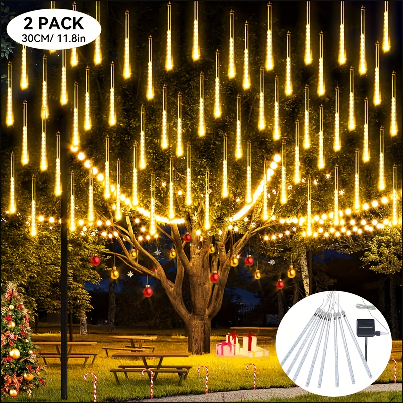 TEMU Outdoor Decorative Solar Meteor Shower Lights Featuring 8 Tubes And 192 Led Raindrop Lights, Solar Energy, Ideal For Christmas, Waterfall String