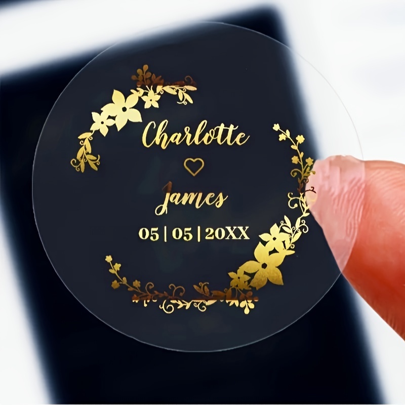 

Golden Floral Vinyl Stickers For Wedding, Personalized And Date, Round Self-adhesive Glass Decals With Glitter , Single-use - 50 Pack For Baptism Favor, Party And Anniversary Decoration