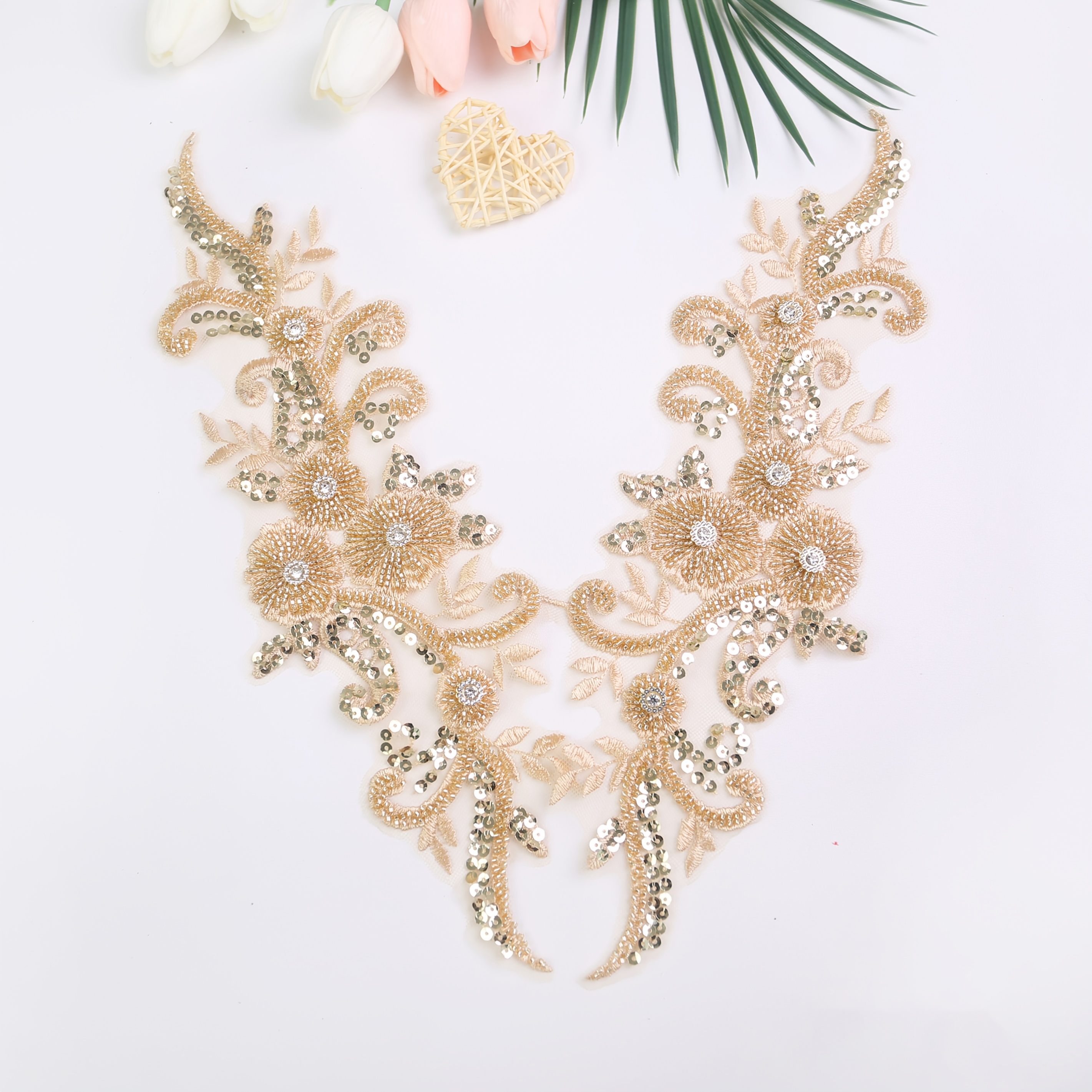 TEMU Tela de malla bordada | Tubo de taladro de uñas, cuentas, apliques de lentejuelas para vestido de novia y manualidades, Disponible en, Dorado,