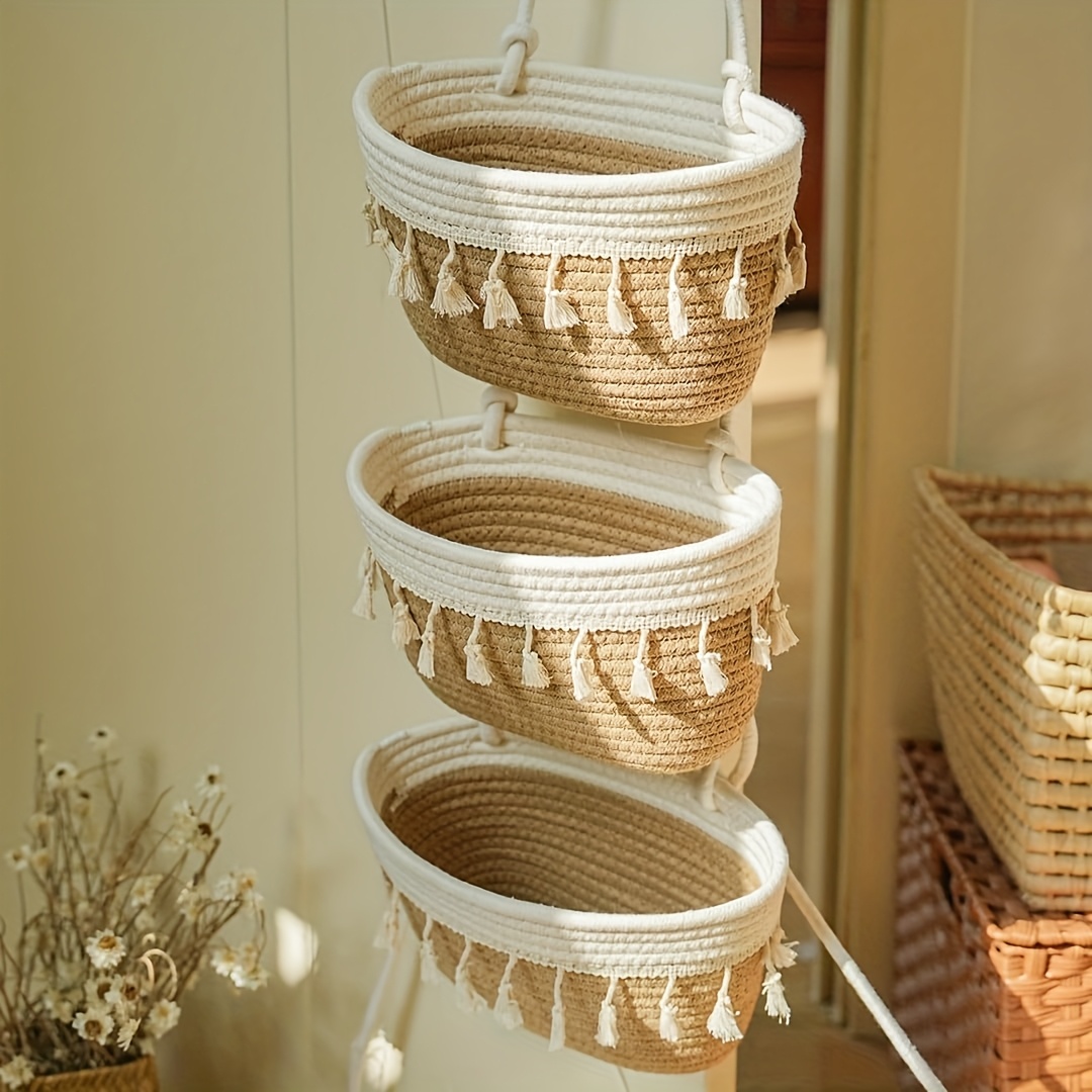 E-shop 3-stufiger Hängekorb mit Quasten, Boho-Stil | PET-Material & vielseitiger Aufbewahrungskorb für Wohnzimmer Badewanne – Dekorativer Organizer im