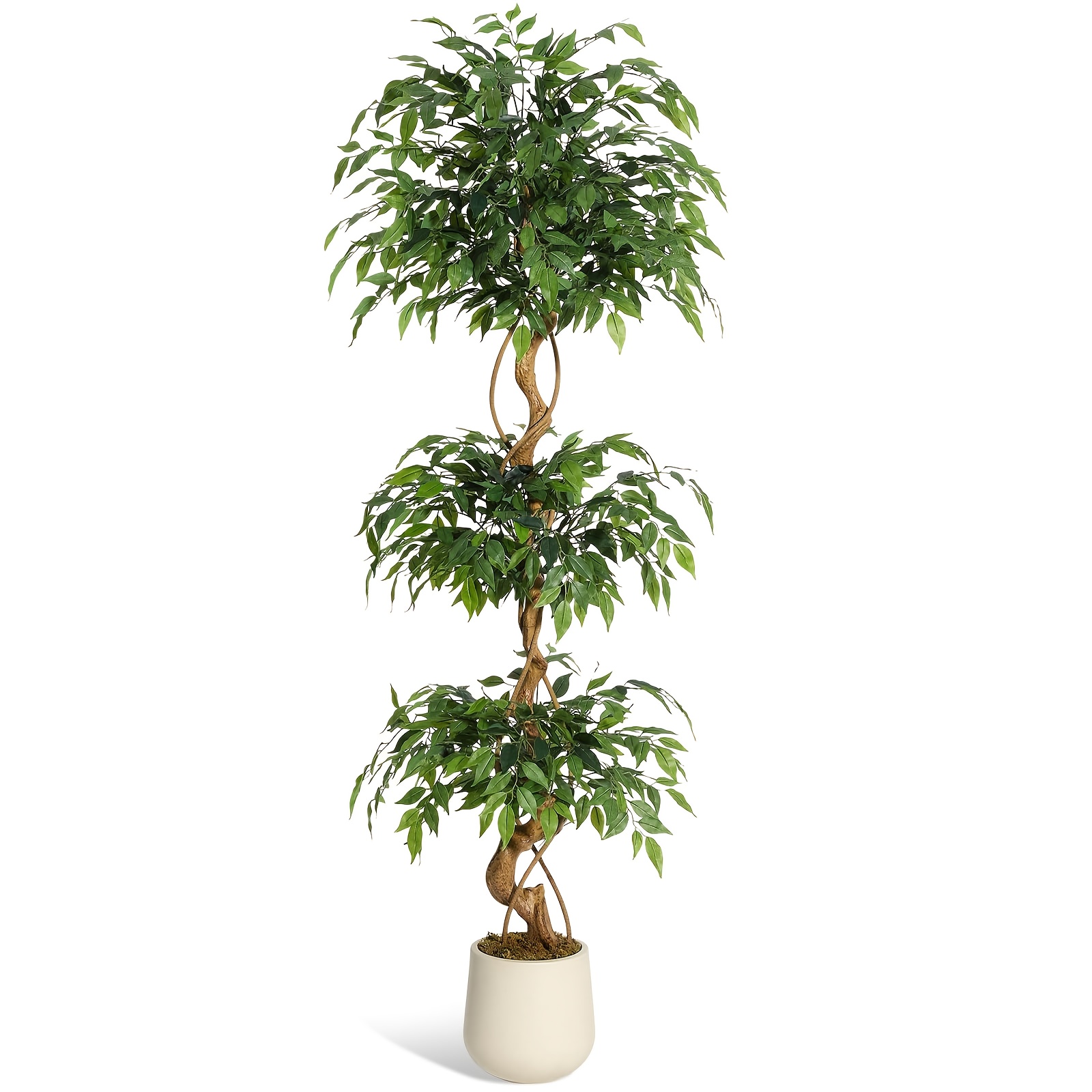 TEMU Arbre de ficus synthétique de 1,8 m avec troncs incurvés, plante artificielle à niveaux avec un pot blanc, arbre de ficus artificiel vibrant