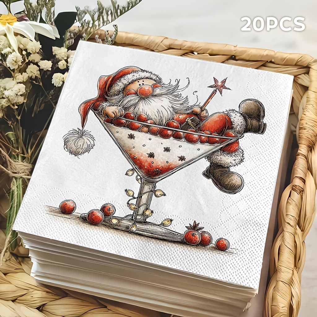 TEMU 20pcs, Disposable Napkins, Gnome Over Elegant Stemmed Glass, Thick Two-ply Square Napkins, Fits Sophisticated Adult Christmas Hours, Premium