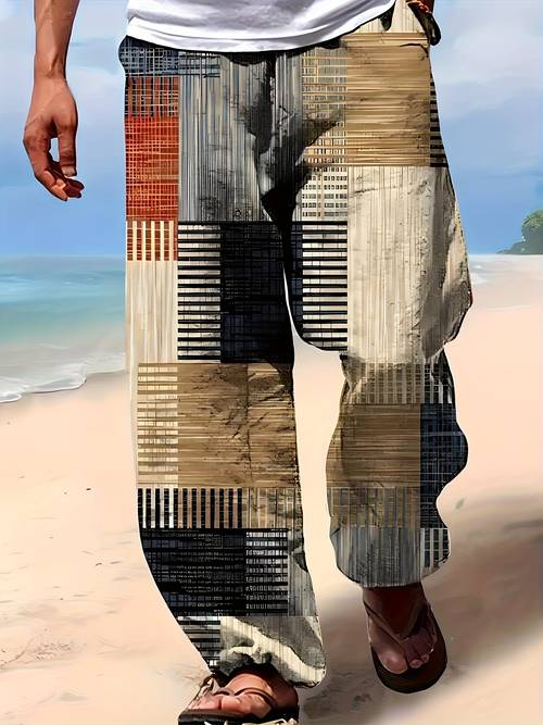 mens bohemian print drawstring wide leg pants lightweight polyester loose fit casual trousers with geometric pattern for spring summer fall beach outdoor activities