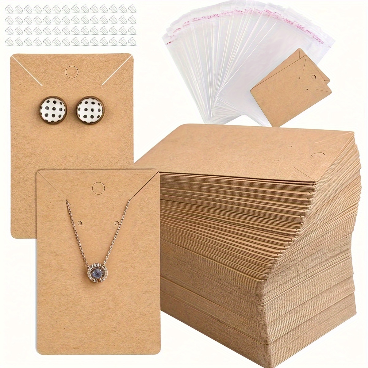 

200-piece Earring Display Cards Set, Includes 50 Kraft Paper Jewelry Holders, 50 Self-sealing Bags, And 100 Earring Backs For Earrings Necklace Showcase
