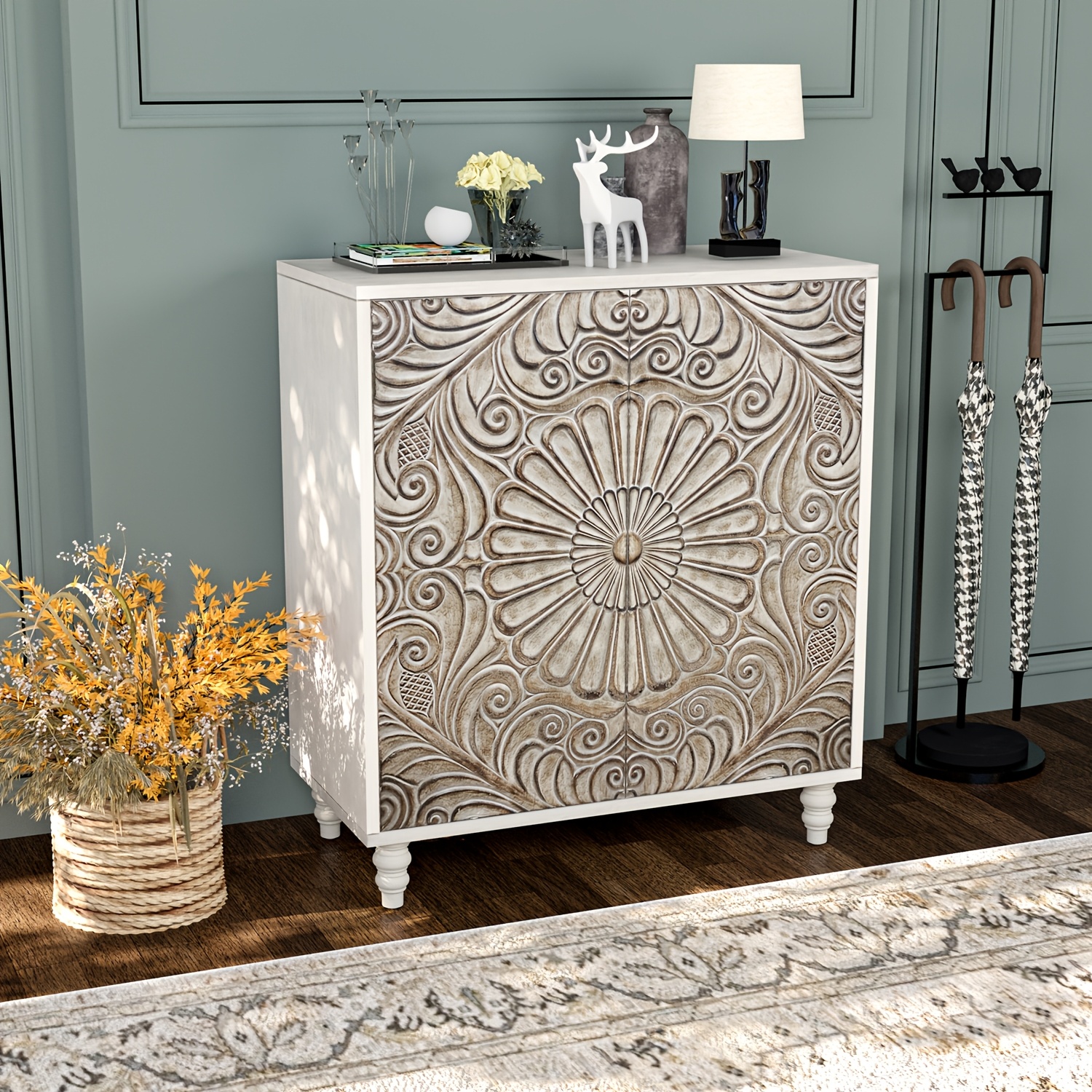 Vintage Carved Door Accent Cabinet with Adjustable Shelves & Suitable for Small Spaces - Compact Grey Storage Sideboard Buffet, -Standing Engineered Wood Furniture for Living Room, Dining Room, Entryway, Assembly