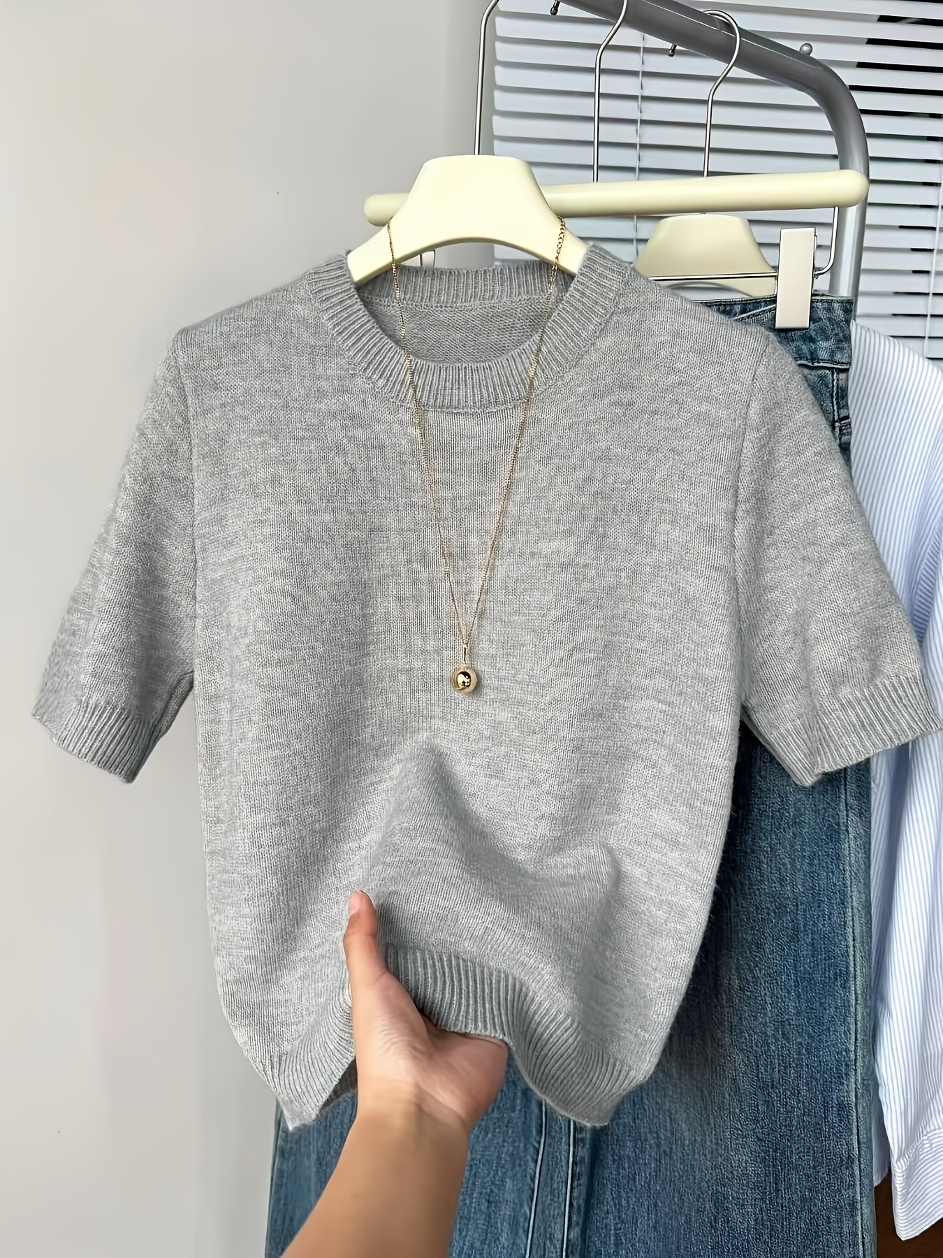 Women'S New Summer Short-Sleeved Top T-Shirt, Top, Short-Sleeved Top, T-Shirt, Summer Short-Sleeved Sweater, Light Gray Round Neck Short-Sleeved Top, Summer Sweater, Women'S Top, Women'S T-Shirt Top, Knitwear, Sweater Short Sleeves