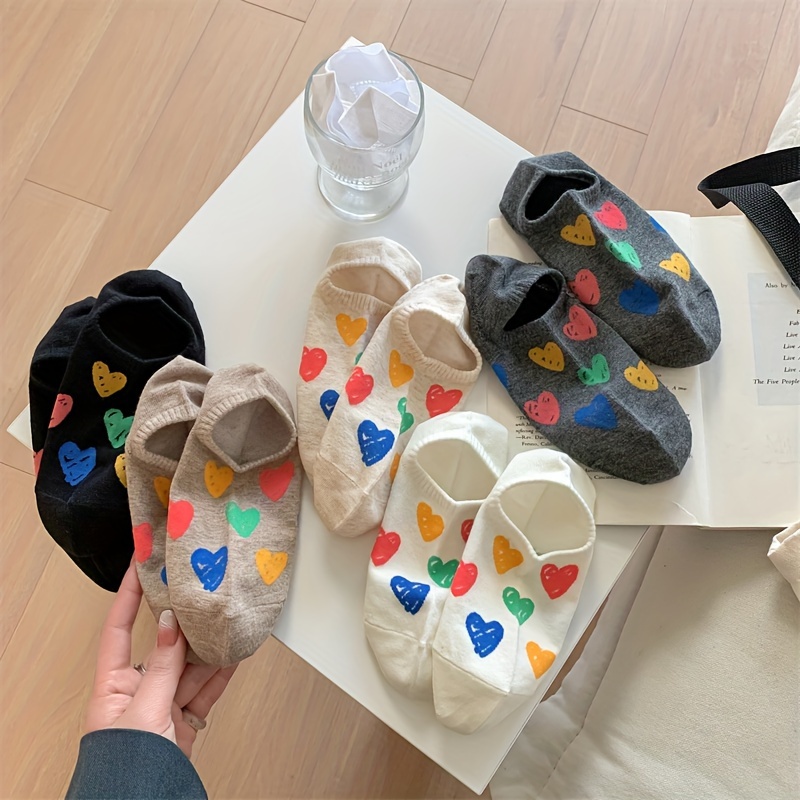 

5 Pairs Colorful Love Heart Graffiti Pattern Ankle Socks, Comfy & Breathable Short Socks, Women's Stockings & Hosiery