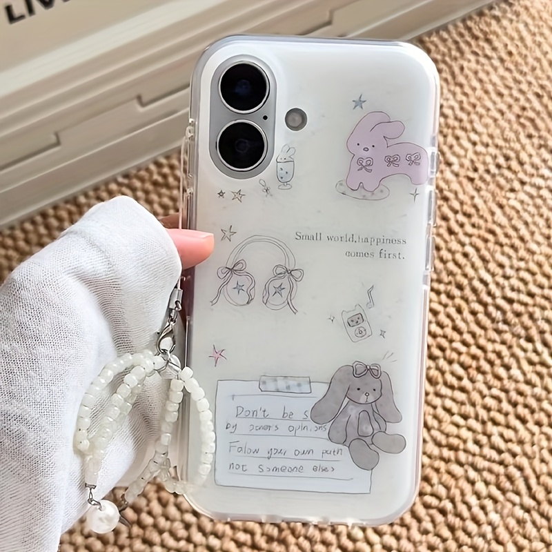 TEMU Phone Case: Crystal Transparent White Light Painted Ink Earphone Rabbit Phone Case With Pendant For Iphone 11 12 13