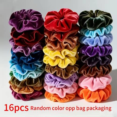 random color 16 pcs simple and comfortable velvet big hoop hair ties fashionable high hair bands for women vintage plush solid color versatile hair accessories
