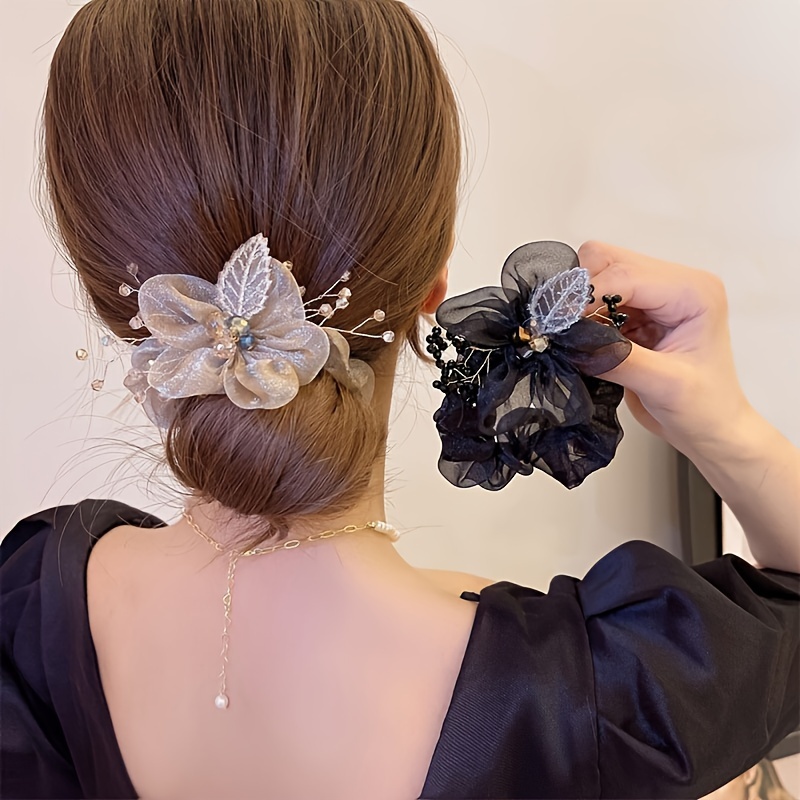 

1pc/2pcs Elegant Flower Bling Bling Rhinestone Decorative Hair Loop Trendy Mesh Elastic Hair Ties For Women And Daily Use