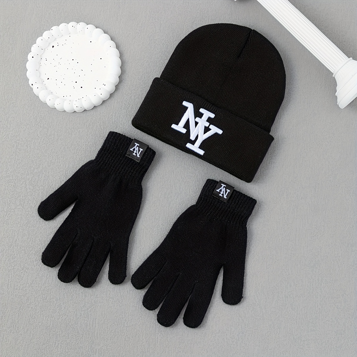 1pc Embroidered Hat And Gloves 2pcs Set, Unisex Cold-weather Accessories, Outdoor Sports Warm Ear Protection Hat And Cold-weather Gloves