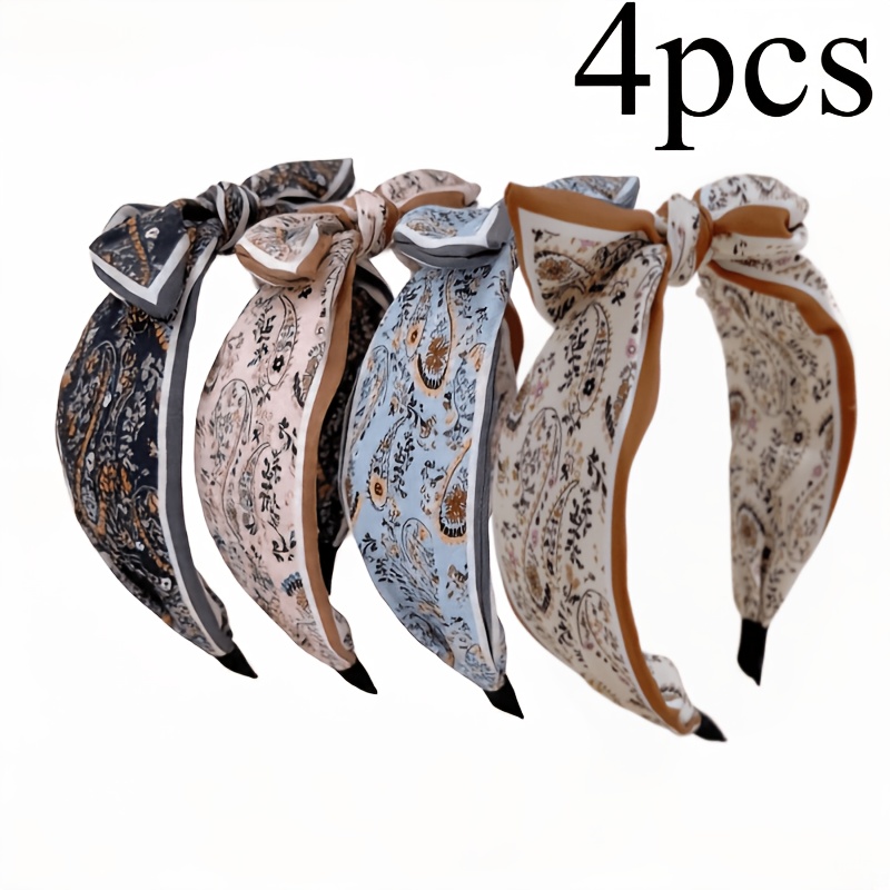 Image of 4pcs Vintage Paisley Bow Headbands For Women, Non-slip Wide Band Hair Hoops, Retro Floral Print Hair Accessories