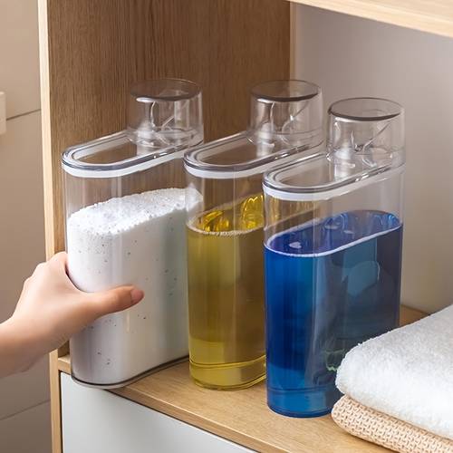 2pcs laundry detergent fabric softener dispenser containers 1200ml 40oz high capacity transparent plastic with dual compartments stackable design for laundry room organization laundry organization and storage singlesingle compartment use modern appliance accessories dualcompartment container compact storage material apartment living canisters