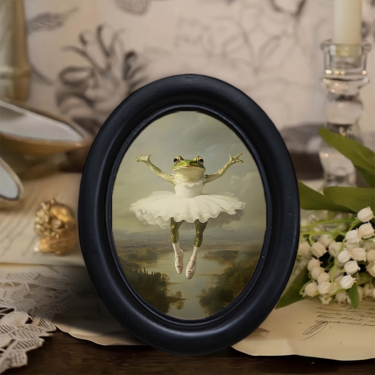 1pc Ballet Frogs Dancing   3D Oval Rustic Farmhouse Photo Frame - Handmade Recycled Wood Wall Art with Handmade Photo Transfer, 4.16 x5.25 (10.5x13cm) Frog Ballet Painting for Living Room, Bedroom, Halloween Decoration - Vintage Animal-Themed Framed Wall Decor, Bedroom Artwork, Whimsical Design, Unique  ,  , 2D Flat,   Room Decor