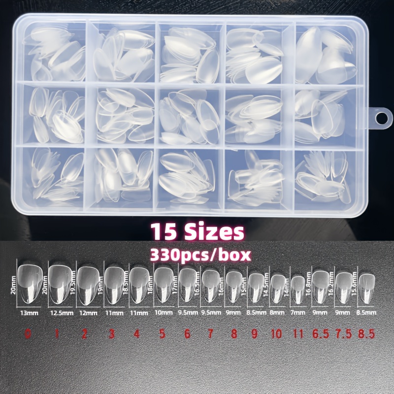 330pcs Ultra-short Almond Nail Tips - Soft Gel, Half Matte End, Clear Gelly Press-ons For And Salon , 15 Sizes